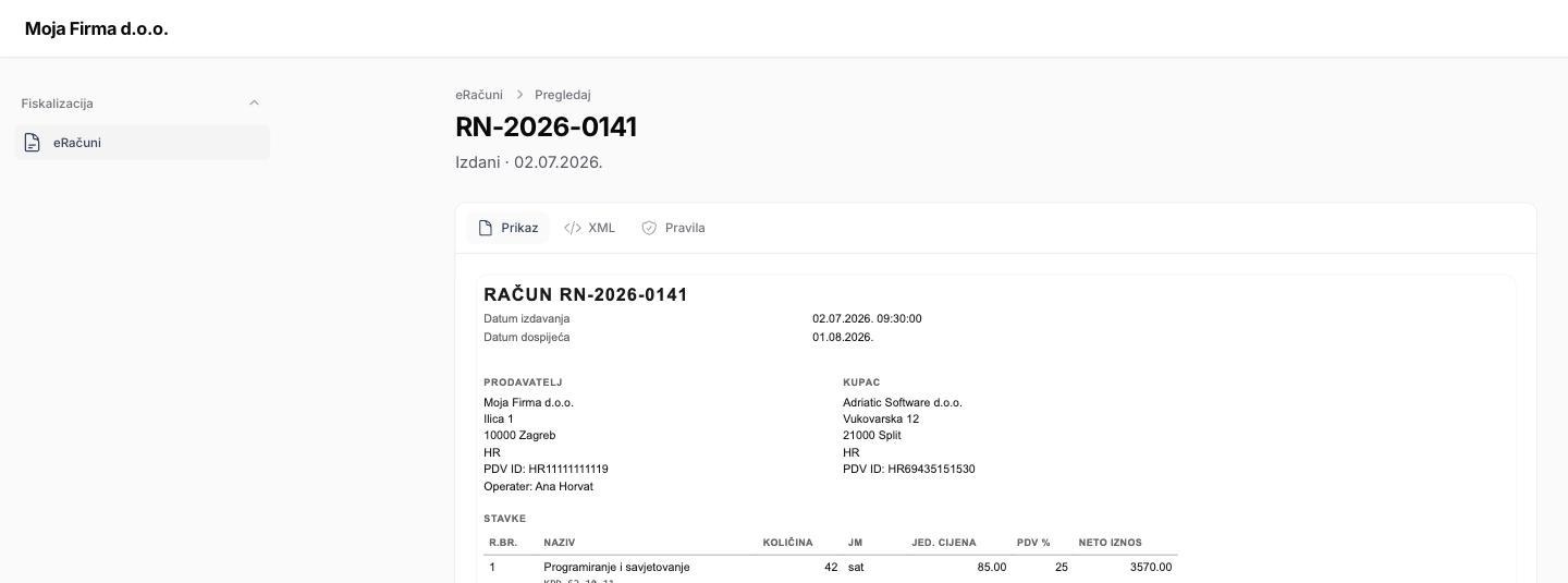 Prikaz eRačuna: prodavatelj, kupac, stavke s KPD oznakama i raspodjela PDV-a