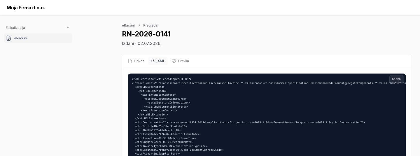 Izvorni UBL XML eRačuna u panelu, s gumbom za kopiranje