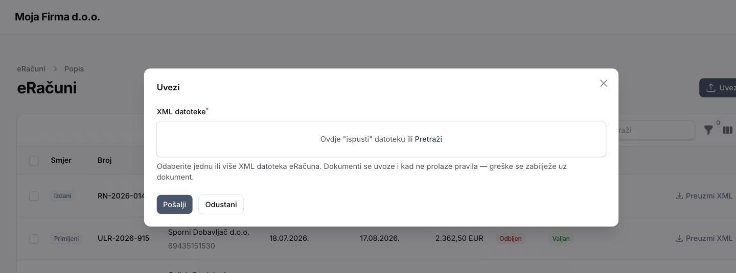 Dijalog za uvoz XML datoteka eRačuna u arhivu