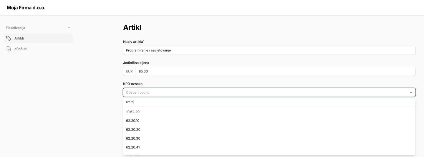 KPD birač u obrascu za artikl, s pretragom po šifri klasifikacije